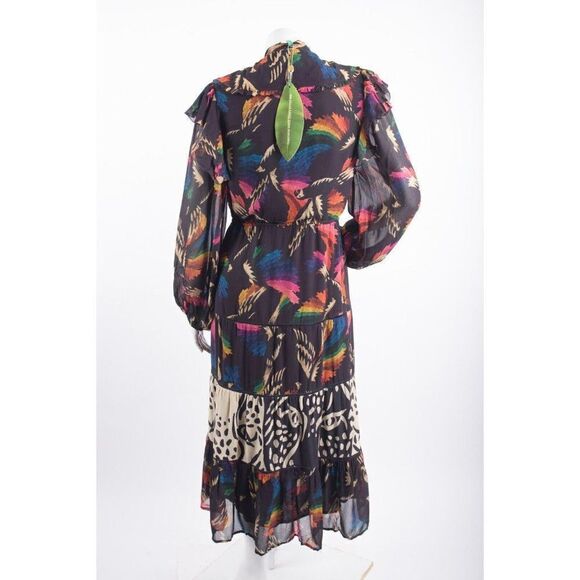 Farm Rio Womens Macaws Flight Tie-Neck Ankle Dress S  Tiered Animal Print NWT - Picture 6 of 7